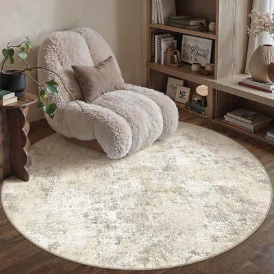 Zdjęcie produktu dla Okrągły dywan o średnicy 150 cm, w kolorze beżowym, z abstrakcyjnym wzorem, możliwość prania, o niskim włosiu