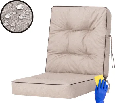 A beige cushion for a chair or swing, with a close-up inset showing water droplets on fabric, and a hand in a blue glove cleaning the cushion with a yellow sponge.
