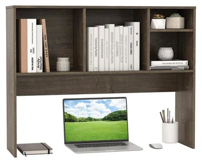 Produktbild von Schreibtischregal mit 4 offenen Ablagen, Arbeitsplatten-Organizer, Aufsatzregal, Grau, 94 x 25 x 73 cm