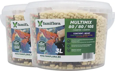 Produktbild von Famiflora Multimix Colstipo Teichfutter - 2x 3L (265g) - Schwimmender Mix mit Spirulina - Für Goldfische & Koi - Farbverstärkend - Schwimmendes Teichfutter - Mix aus 3 Formeln: Teichgrund, Sticks & Farbe