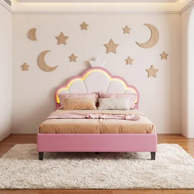 Obrázok produktu pre Postel INONEFT, 90x200 cm, s nastaviteľnou opierkou hlavy, jednolôžková posteľ pre deti s LED osvetlením, princeznovská posteľ pre dievčatá, posteľ s roštom, materiál: zamat, farba: ružová