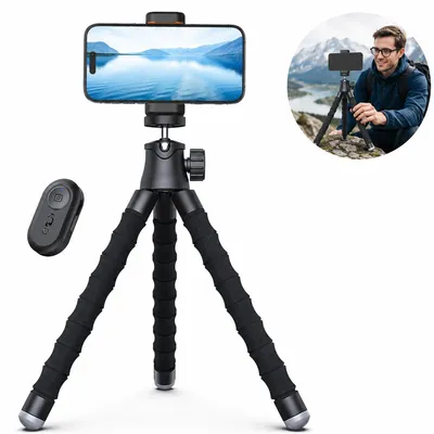 Produktbild von Mini-Handystativ mit biegsamen Beinen, Bluetooth-Fernbedienung und 3-in-1-Anschluss, für Reisen, Outdoor und Selfies