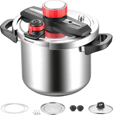 Produktbild von SucceBuy Schnellkochtopf 7 L, Edelstahl-Dampfkochtopf mit Dampfeinsatz & gehärtetem Glasdeckel, 3 Druckstufen für Fleisch, Bohnen, Reis, Suppen und Soßen, Druck bis zu 100 kPa
