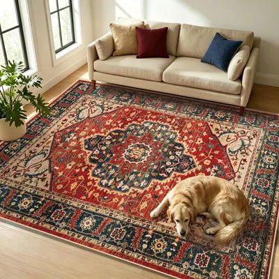 Image de Tapis court, motif oriental, 80x150 cm, rouge profond