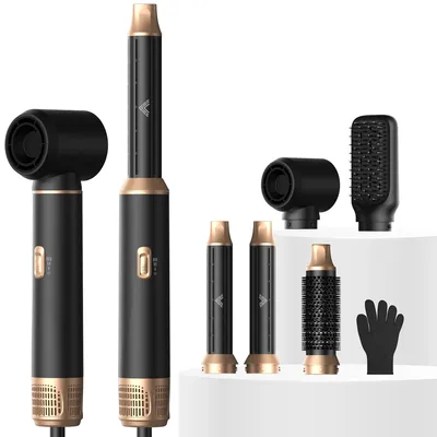 Produktbild von UKLISS 5-in-1-Haarstyler, 1000 W, mit Rundbürste, Luftlockenstab, Glättbürste, Schwarz-Gold