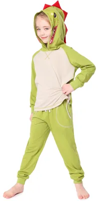 Image de Pyjama à manches longues en coton pour enfants (filles et garçons) – Costume d'animal – Pyjama coloré avec motif animalier – Déguisement à capuche LA40-236 (Dinosaure vert, 146-152)