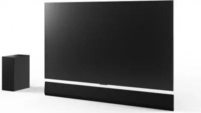 A black soundbar and a black subwoofer are shown against a white background.