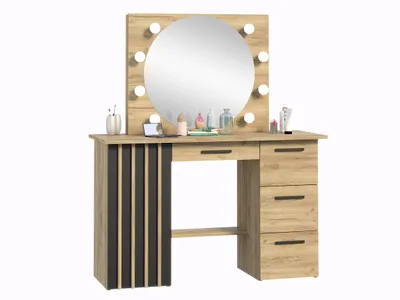 Produktbild von Meblowa1 toaletka z oświetleniem, MONTANA B120 8 żarówek LED, okrągłe lustro w stylu Hollywood, 4 szuflady, 1 zamykana szafka, w kolorze dębu craft,