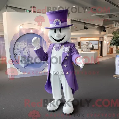 Produktbild von Maskottchenfigur REDBROKOLY eines Zirkusdirektors in Lavendel bekleidet mit einem Etuikleid und Manschettenknöpfen