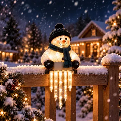 Produktbild von LED Schneemann Weihnachtsdekoration Outdoor, Beleuchtete Hängefigur mit Eiszapfen-Lichterkette für Balkon, Geländer & Garten