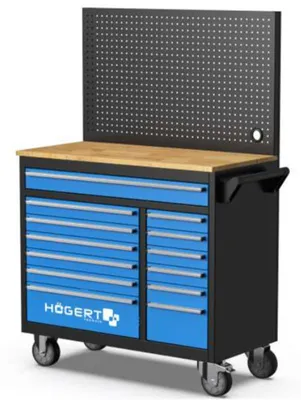 Produktbild von Werkstattschrank mit Wandpaneel – 13 ausziehbare Schubladen; TPR-thermoplastische Elastomer-Riege; zwei Drehräder, von denen eines | Högert Technik