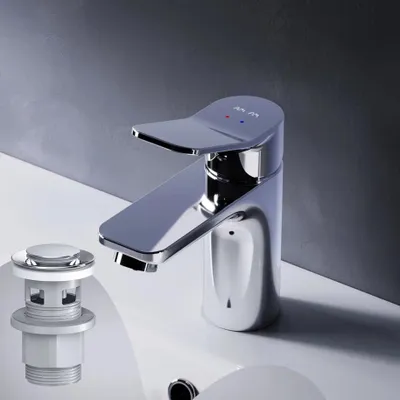 Produktbild von AM.PM Badarmatur mit Pop-Up Ablaufventil für Waschbecken Wasserhahn Bad Chrome Waschtischarmatur mit Ablaufgarnitur 1 1/4 Zoll Messing Ventil Ablauf
