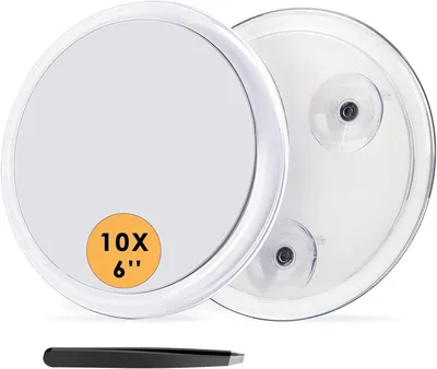 Produktbild von Runder Wandspiegel (15 cm Durchmesser) mit 10-facher Vergrößerung, 3 Saugnäpfen und inklusive Pinzette zur Haarentfernung und Mitesserentfernung.