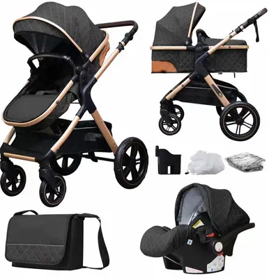 Produktbild von Kinderwagen-Set | Kinderkarre | Babyschale | Wickeltasche | Regenverdeck | Klappbar |  Feststellbremse | Schwarz