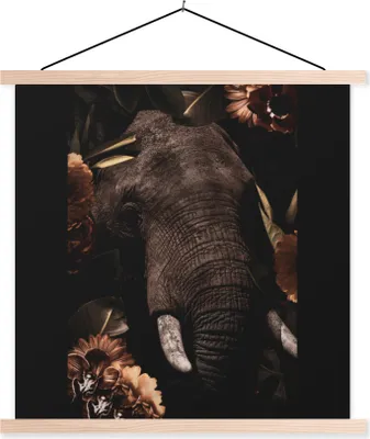 Produktbild von MuchoWow® Textilposter Elefant - Blumen - Porträt 120x120 cm mit holzfarbenen Rahmen - Textil-Poster
