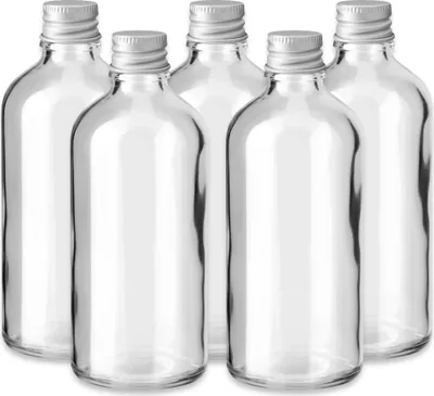 Produktbild von 5x Klare Glasflasche 100 ml mit silbernem Aluminium Schraubverschluss