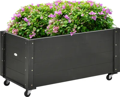 Image de Outsunny Bac de jardin surélevé en bois massif, bac de plantation avec roulettes, bac de jardin précoce, bac à fleurs, bac à plantes 89x48x47cm pour jardin, terrasse, bac à fleurs pour plantes grimpantes, fleurs, noir