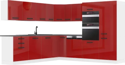 Produktbild von Belini Küchenzeile Küchenblock Küche L-Form JANE Küchenmöbel mit Griffe, Einbauküche ohne Elektrogeräten mit Hängeschränke und Unterschränke, ohne Arbeitsplatten, Rot Hochglanz