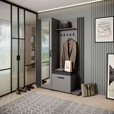 Image de Armoire LIVIA – Ensemble vestiaire avec miroir et cintres, graphite, lamelles noires, coussin d'assise noir, à droite