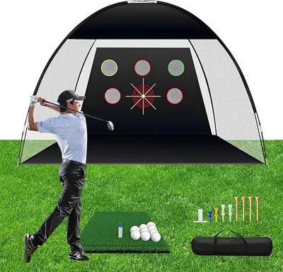 Produktbild von Golfnetz, 3 x 2,1 m, Übungsnetz für Hinterhof, Indoor-Outdoor, Golfschlag- und Chipping-Trainingsmatte, 9 Bälle mit Rasenmatte, Tragetasche, Schaukeltrainer