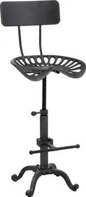 A black tractor seat bar stool with a silver adjustable height mechanism and footrest, isolated on a white background.