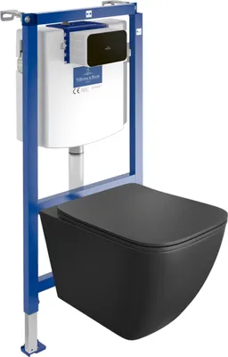 Produktbild von DOMINO Villeroy&Boch ViConnect H112 Vorwandelement Unterputz WC mit Bedienplatte + Wand Hänge Tiefspül WC Onil Schwarz Spülrandlos | WC Komplettset |