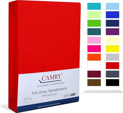 A red fitted sheet is displayed upright, with a strip of color swatches to the right.