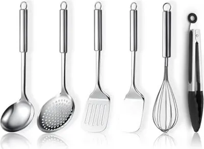 Produktbild von Edelstahl Kochutensilien Set 6-teilig, Küchenwerkzeug Set enthält Metallspatel-Set, Skimmer, Schöpfkelle, Zange, Schneebesen, Küchenhelfer Essentials neues Zuhause muss haben