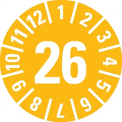 Produktbild von Dreifke® Prüfplakette 26, gelb, Schachbrettfolie, selbstklebend, Ø 15mm, 60 S...