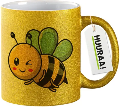 Produktbild von Huuraa Glitzertasse Biene Comic 330ml Gold Keramik Kaffeebecher Geschenkidee