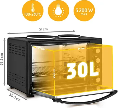 Produktbild von TZS First Austria Minibackofen mit Kochplatten und Umluft, 30L Pizzaofen, 3200W, max 230°C, Innenbeleuchtung, 4 Einschubhöhen - Mini Backofen, Mini-Küche, Grillofen
