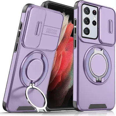 Obrázek produktu pro Dvouvrstvé pouzdro pro Samsung Galaxy S21 Ultra 5G, s posuvným krytem fotoaparátu a magnetickým kroužkovým stojánkem Fialová