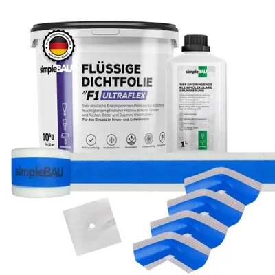 Produktbild von SimpleBau F1 Ultraflex Dichtset Flüssigdichtfolie gebrauchsfertig + Grundierung + elastisches Dichtband für Fugen und Ecken zum Abdichten von Bädern, 10KG+TF1L+DB10M+4INN+1WAN