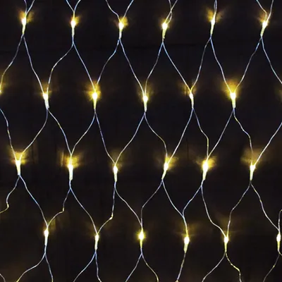 A close-up of a net of LED lights against a dark background.