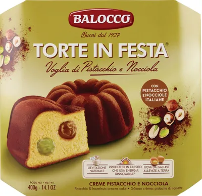 Produktbild von Balocco Torte in Festa Voglia di Pistacchio e Nocciola Kuchen gefüllt mit köstlicher Pistazien- und Haselnusscreme 400g
