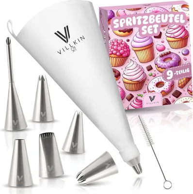 Produktbild von 9-teiliges Spritzbeutelset mit 6 Edelstahl-Spritzdüsen und 34 cm Spritzbeutel - Wiederverwendbar und spülmaschinenfest zum Dekorieren von Torten, Kuchen und Keksen