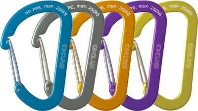 Materialkarabiner Aranya von Edelrid in fünf Farben- Blau; Grau; Orange; Gelb und Lila; mit einer maximalen Belastbarkeit von 250 kg.