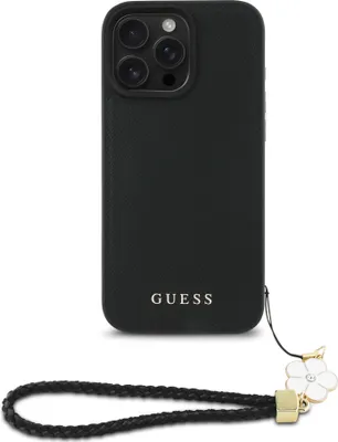 Obrázek produktu pro Pouzdro Guess na zadní stranu iPhone 16 Pro – Magsafe s texturou – řemínek s květinovým přívěskem – černé