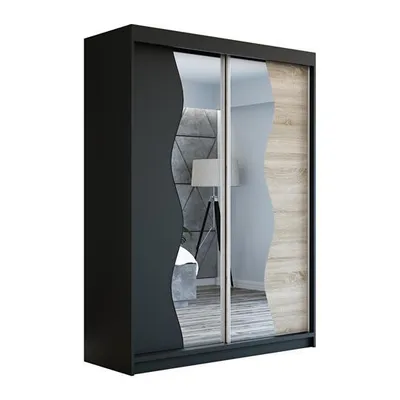 Produktbild von Schwebetürenschrank, 2-türig Schrank RIMA 160 cm (mit Spiegel) (Schwarz / schwarz / sonoma)