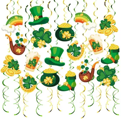 Immagine prodotto di Ghirlande decorative a tema irlandese, confezione da 48 pezzi. Decorazioni da appendere con motivi di trifoglio, folletto, cappello e vaso dorato, nei colori verde e oro