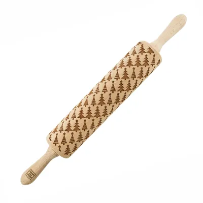 Produktbild von MoodForWood Nudelholz aus Holz, graviert, 43 cm, mit Griffen, perfekt zum Backen - Weihnachtsbaum-Muster