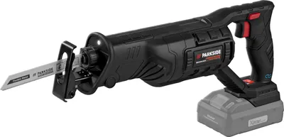 A black and gray cordless reciprocating saw with a battery pack attached, shown against a white background.