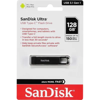 Obrázek produktu pro SanDisk Ultra, 128 GB, USB typu C, 3.2 Gen 1 (3.1 Gen 1), 150 MB/s, Kluzné, Černá
