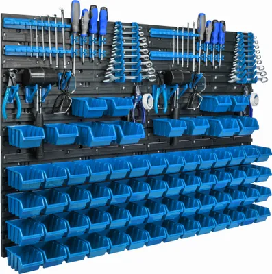 Immagine prodotto di Pannello porta attrezzi da appendere 115x78cm con 68 pezzi. Scatole blu montate a parete con set di supporti in plastica