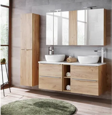 Produktbild von Badmöbel Set mit Doppel-Waschtisch inkl. 2 Keramik-Aufsatzbecken TOSKANA-56 Wotaneiche/Hochglanz weiß BxHxT ca. B/H/T: 195/190/46cm