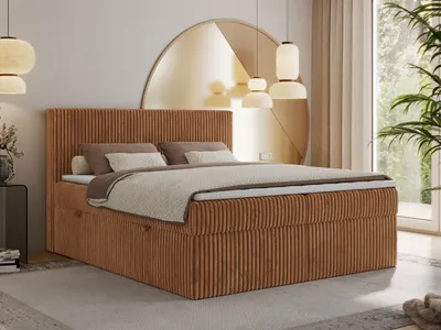 Produktbild von MKS MEBLE Boxspringbett 160x200 Orange Cord, Boxspringbett mit Matratze H3, Bett 160x200 mit Bettkasten and Kopfteil, Doppelbett mit Stauraum, Polsterbett 160x200 - Tiliano