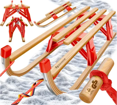 Image de Luge en bois KESSER® Premium – Luge pliable pour enfants – Luge pliante pour enfants en hêtre, avec corde de traction, poignée et patins métalliques