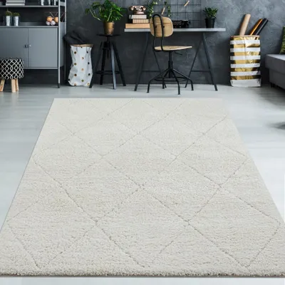 Produktbild von Hochflor Teppich creme mit Rautenmuster modern weich für Wohn- und Schlafzimmer Größe - 140 x 200 cm