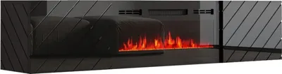 A modern black TV stand with an electric fireplace.