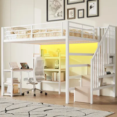 Produktbild von Flieks Etagenbett 140x200cm mit Schreibtisch und Ladefunktion, Jugendbett Kinderbett mit Led und Treppe, Hochbett Metallbett mit Lattenrost, Weiß